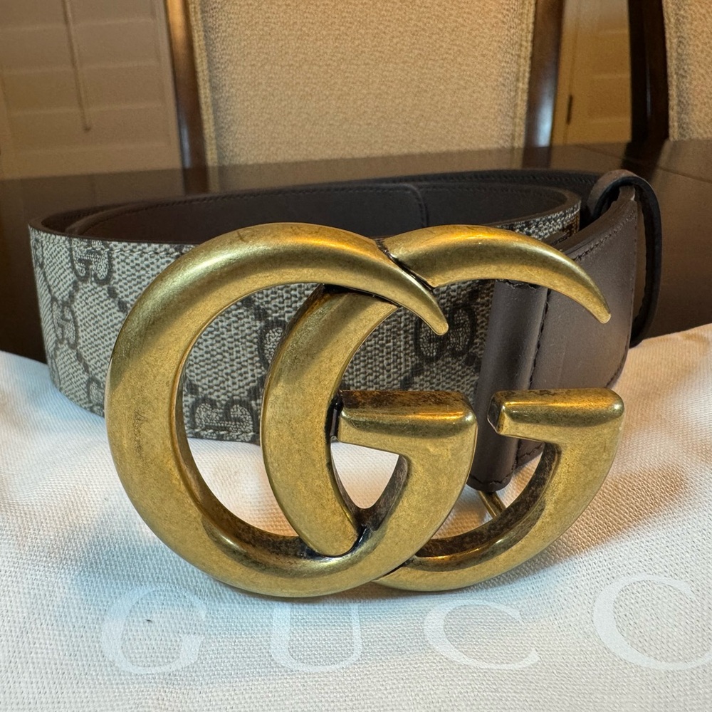 New Authentic Gucci GG Logo Leather Belt Brown Tan Size 32 Fits Waist 30 - 32 - Picture 3 of 13